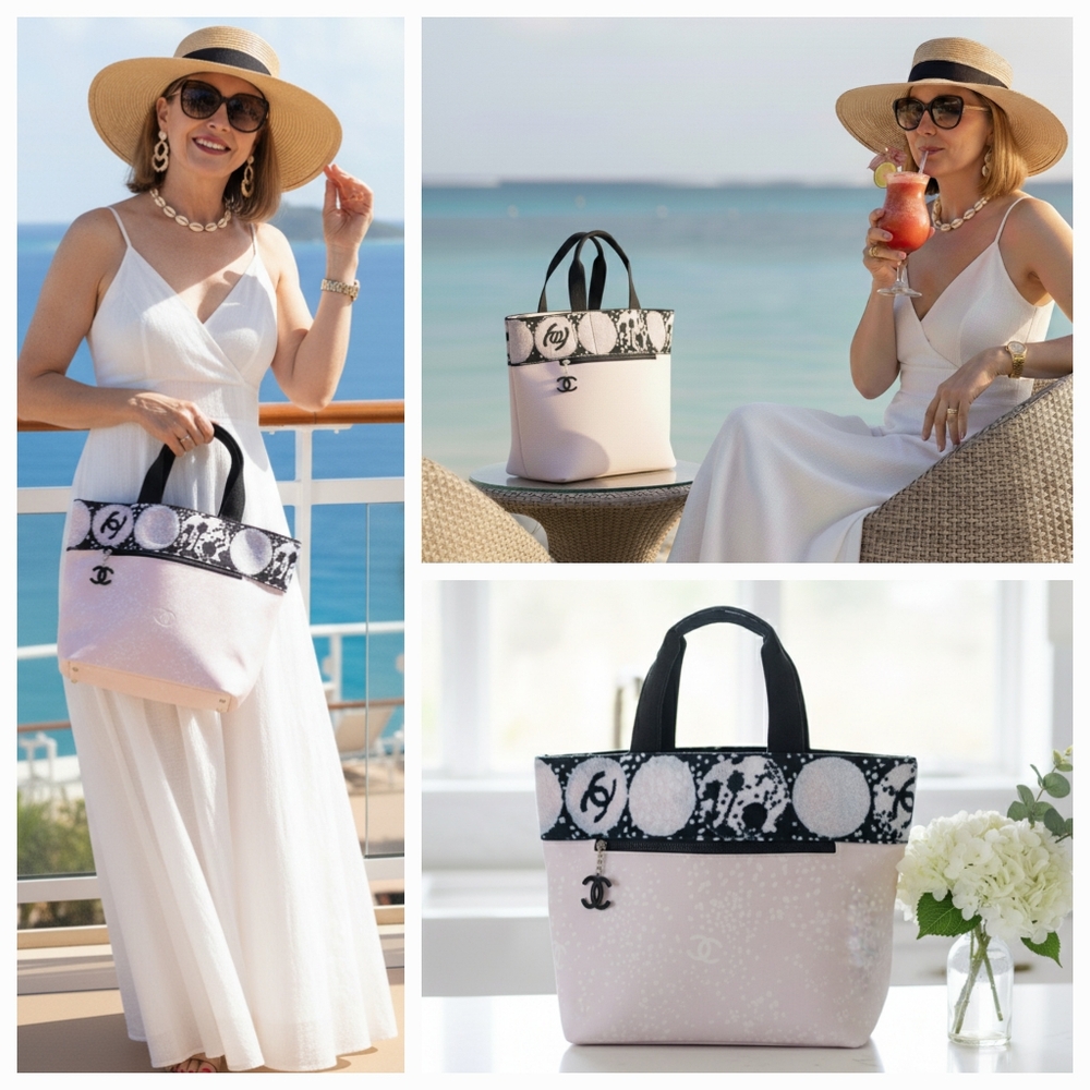 ​🌸 CHANEL Terry Cloth Beach Tote Bag LARGE Pink Black Bubble CC Charm